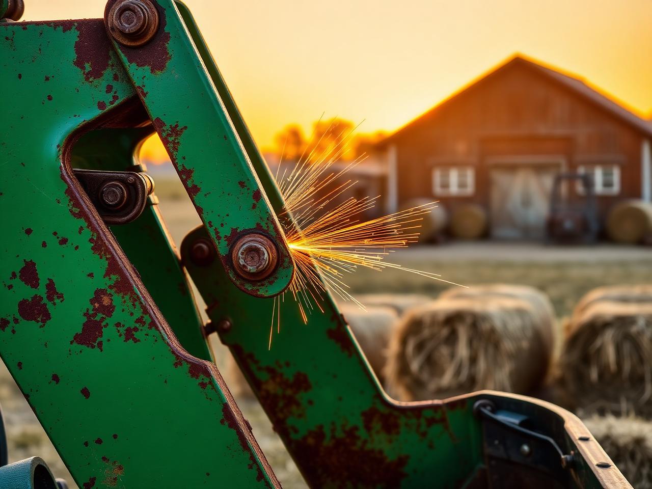 Farm equipment loader arm being welded at sunset on a Wisconsin farm