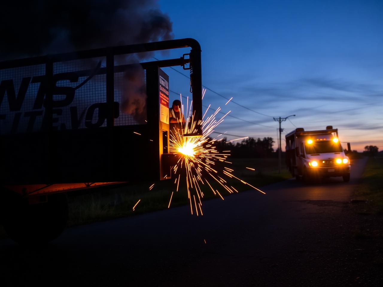 Mobile welding service truck repairing a steel trailer in rural Wisconsin
