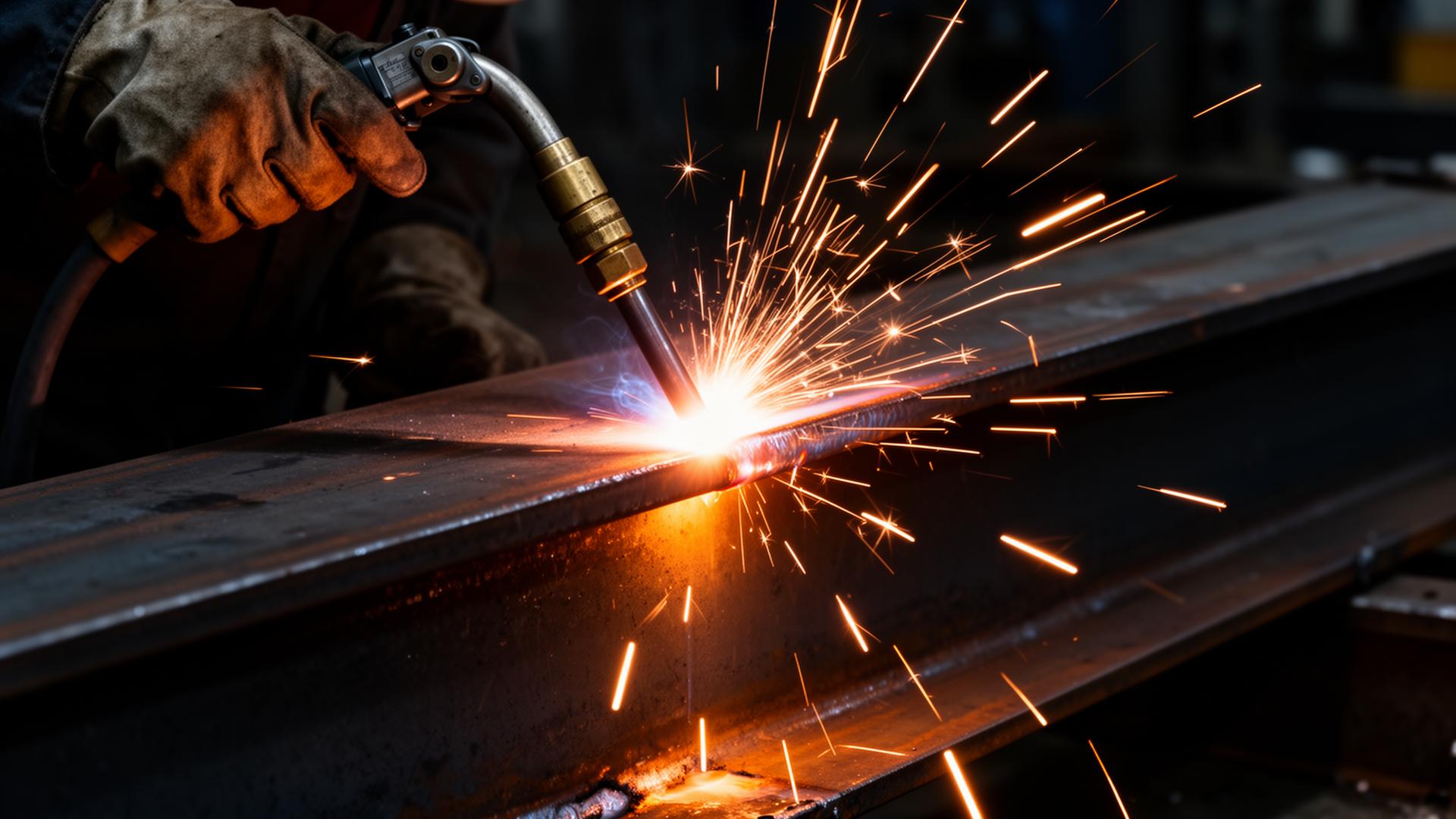 Mobile welder laying a MIG weld on heavy steel beam with bright orange sparks — Oshkosh Wisconsin